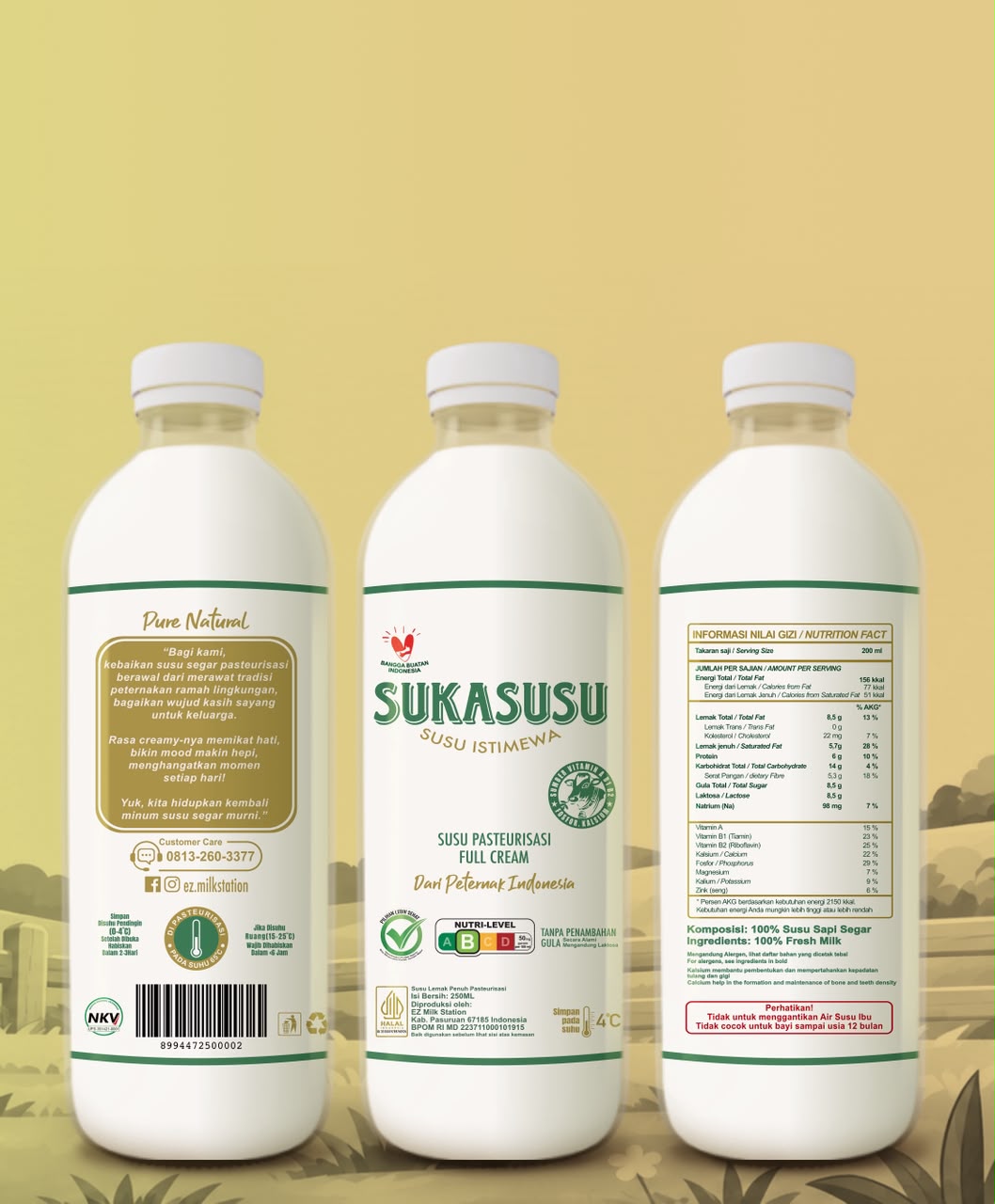 Kemasan Sukasusu 250 ml tampak depan, belakang, dan informasi gizi