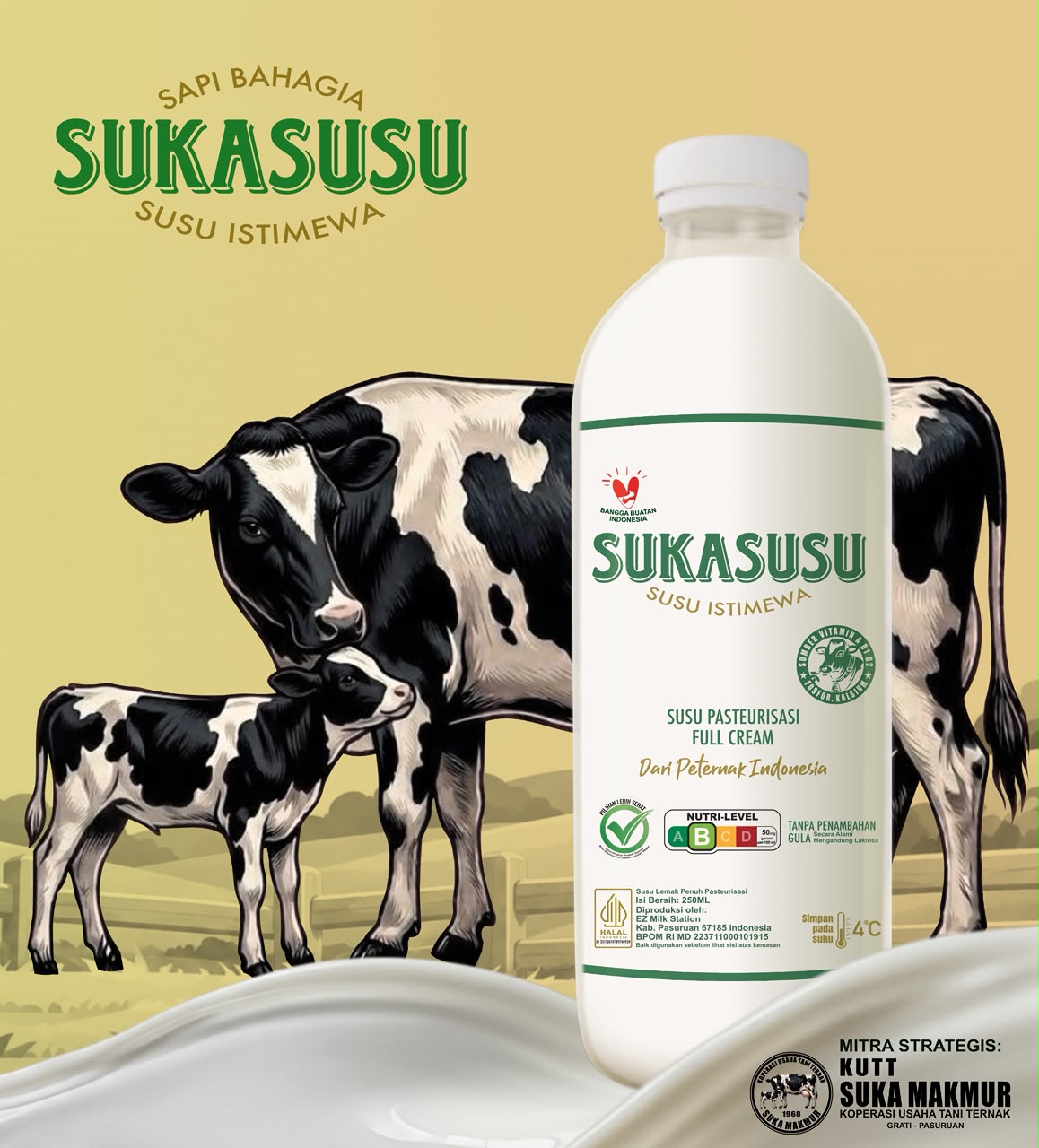 Susu Sukasusu dari peternak Indonesia dengan ilustrasi sapi dan anak sapi