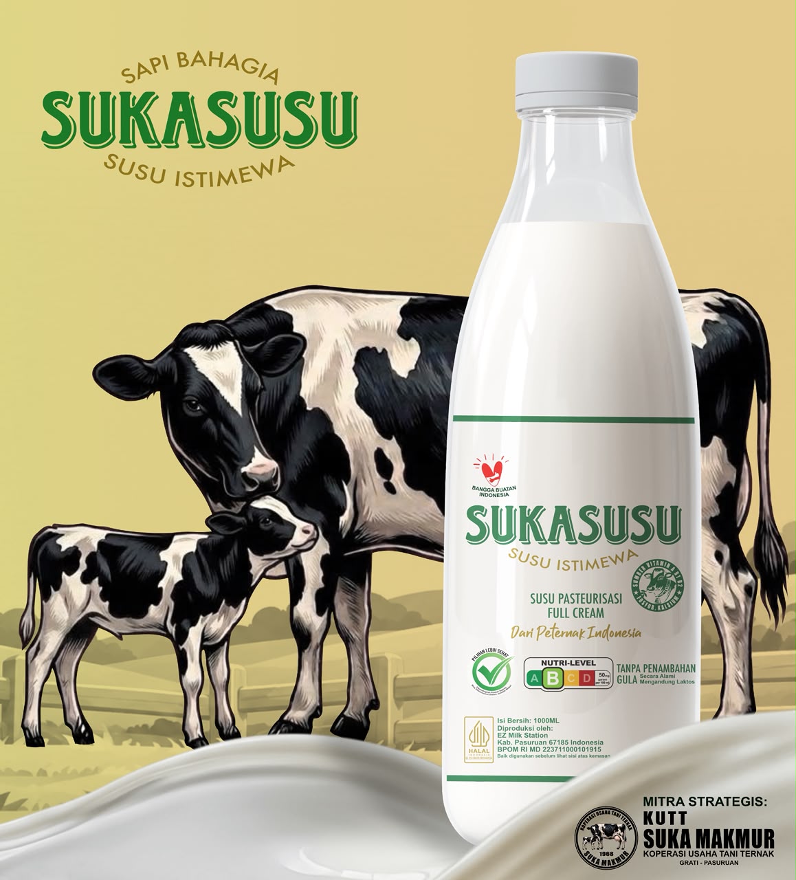 Sukasusu satu liter bersama ilustrasi induk sapi dan anaknya
